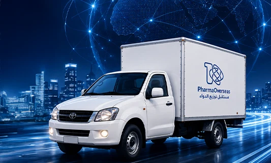Aerial view of a pharmaceutical distribution hub and delivery fleet in Egypt