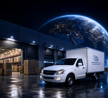 PharmaOverseas delivery vehicle serving an Egyptian healthcare facility