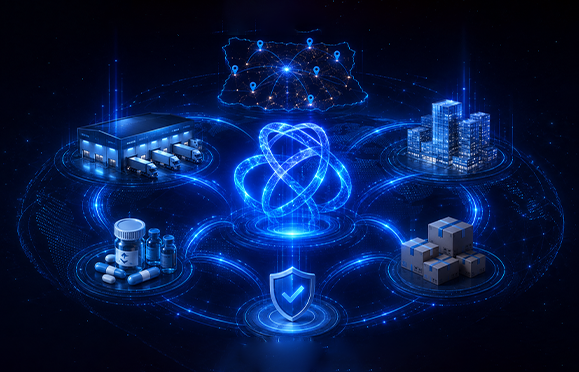 Pharmaceutical manufacturing and distribution network represented as a connected digital ecosystem