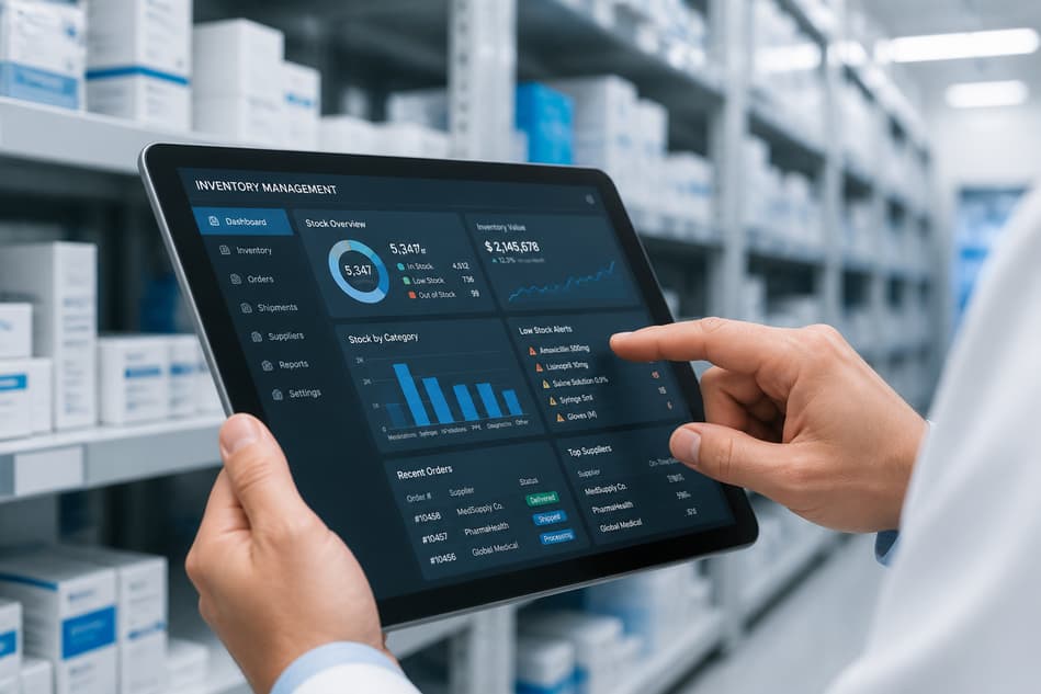 Specialist managing pharmaceutical inventory from a digital tablet