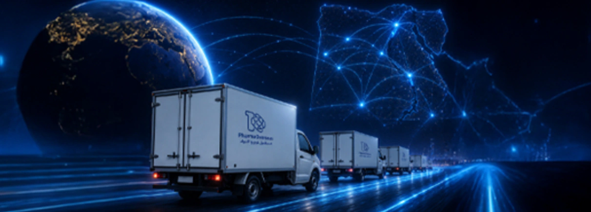 A fleet of modern pharmaceutical distribution trucks